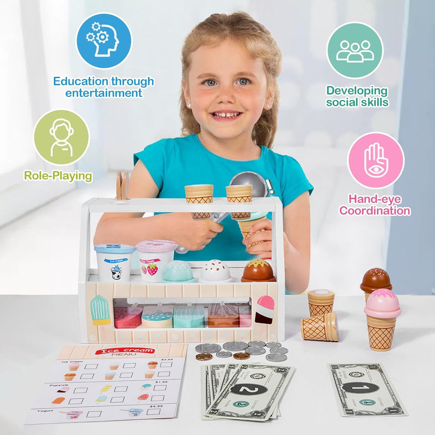 Wooden Ice Cream Set Counter Toy for Toddlers, Wooden Play Food Kitchen Accessories, Pretend Play Ice Cream Shop Toys for Kids Ages 3+, Play Store with Fake Money & Coin - 7DAY'S