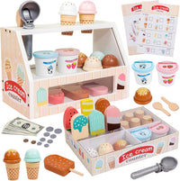 Wooden Ice Cream Set Counter Toy for Toddlers, Wooden Play Food Kitchen Accessories, Pretend Play Ice Cream Shop Toys for Kids Ages 3+, Play Store with Fake Money & Coin - 7DAY'S