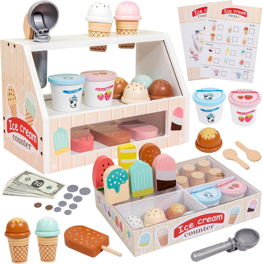 Wooden Ice Cream Set Counter Toy for Toddlers, Wooden Play Food Kitchen Accessories, Pretend Play Ice Cream Shop Toys for Kids Ages 3+, Play Store with Fake Money & Coin - 7DAY'S