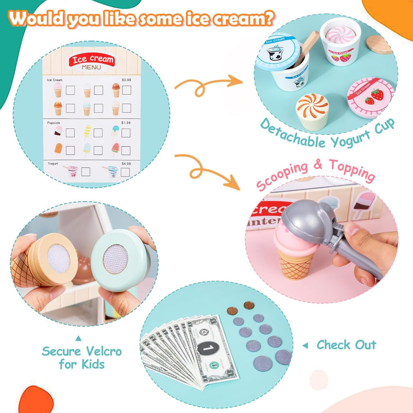 Wooden Ice Cream Set Counter Toy for Toddlers, Wooden Play Food Kitchen Accessories, Pretend Play Ice Cream Shop Toys for Kids Ages 3+, Play Store with Fake Money & Coin - 7DAY'S