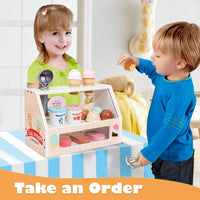 Wooden Ice Cream Set Counter Toy for Toddlers, Wooden Play Food Kitchen Accessories, Pretend Play Ice Cream Shop Toys for Kids Ages 3+, Play Store with Fake Money & Coin - 7DAY'S