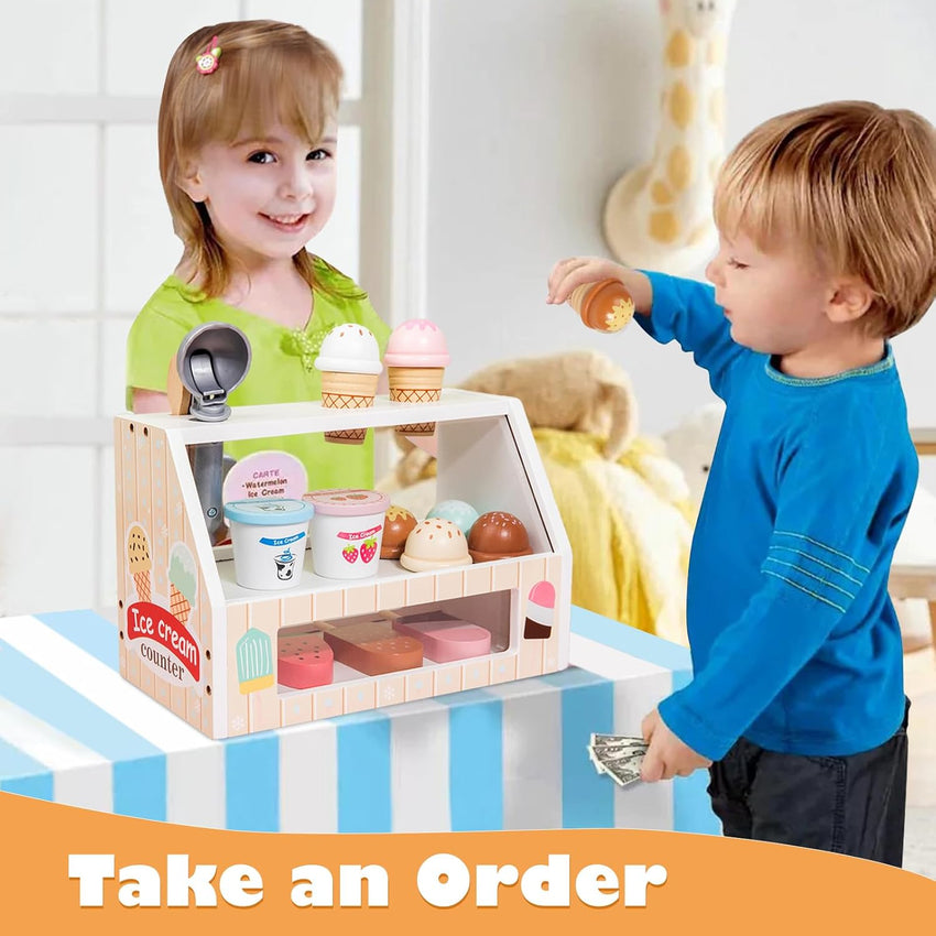 Wooden Ice Cream Set Counter Toy for Toddlers, Wooden Play Food Kitchen Accessories, Pretend Play Ice Cream Shop Toys for Kids Ages 3+, Play Store with Fake Money & Coin - 7DAY'S
