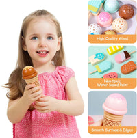 Wooden Ice Cream Set Counter Toy for Toddlers, Wooden Play Food Kitchen Accessories, Pretend Play Ice Cream Shop Toys for Kids Ages 3+, Play Store with Fake Money & Coin - 7DAY'S