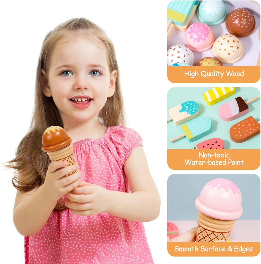 Wooden Ice Cream Set Counter Toy for Toddlers, Wooden Play Food Kitchen Accessories, Pretend Play Ice Cream Shop Toys for Kids Ages 3+, Play Store with Fake Money & Coin - 7DAY'S