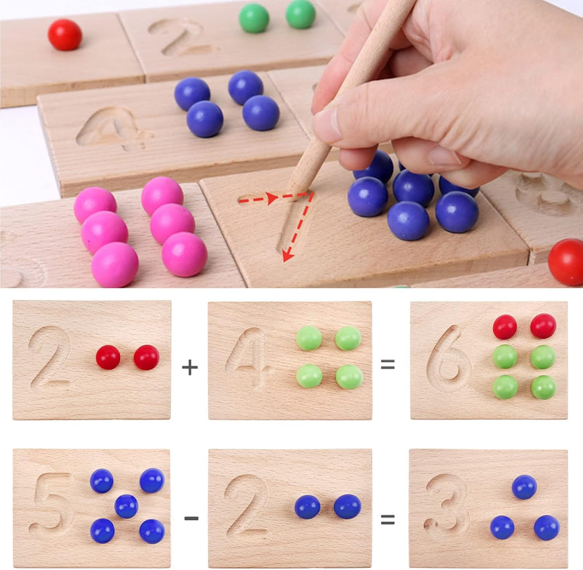 Wooden Number Tracing Board Set, Toddler Montessori Math Beads Counting Toy, Preschool Learning and Educational Math Game for Kids - 7DAY'S
