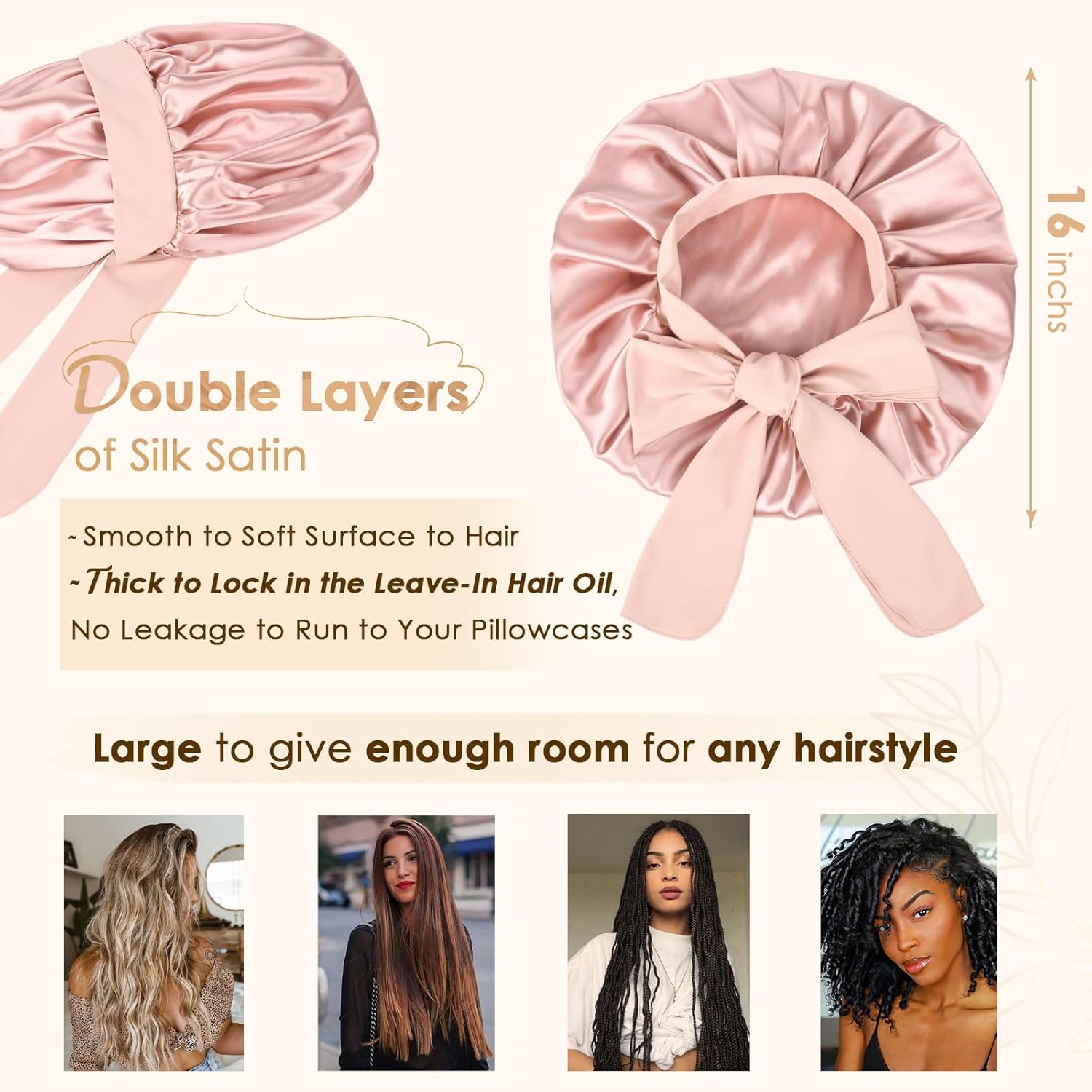 YANIBEST Silk Bonnet for Sleeping Women Satin Bonnet Double Layer Satin Lined Hair Bonnet with Tie Band Curly Hair Blush Pink - 7DAY'S