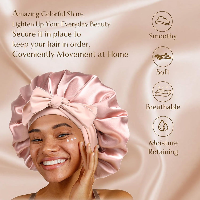 YANIBEST Silk Bonnet for Sleeping Women Satin Bonnet Double Layer Satin Lined Hair Bonnet with Tie Band Curly Hair Blush Pink - 7DAY'S