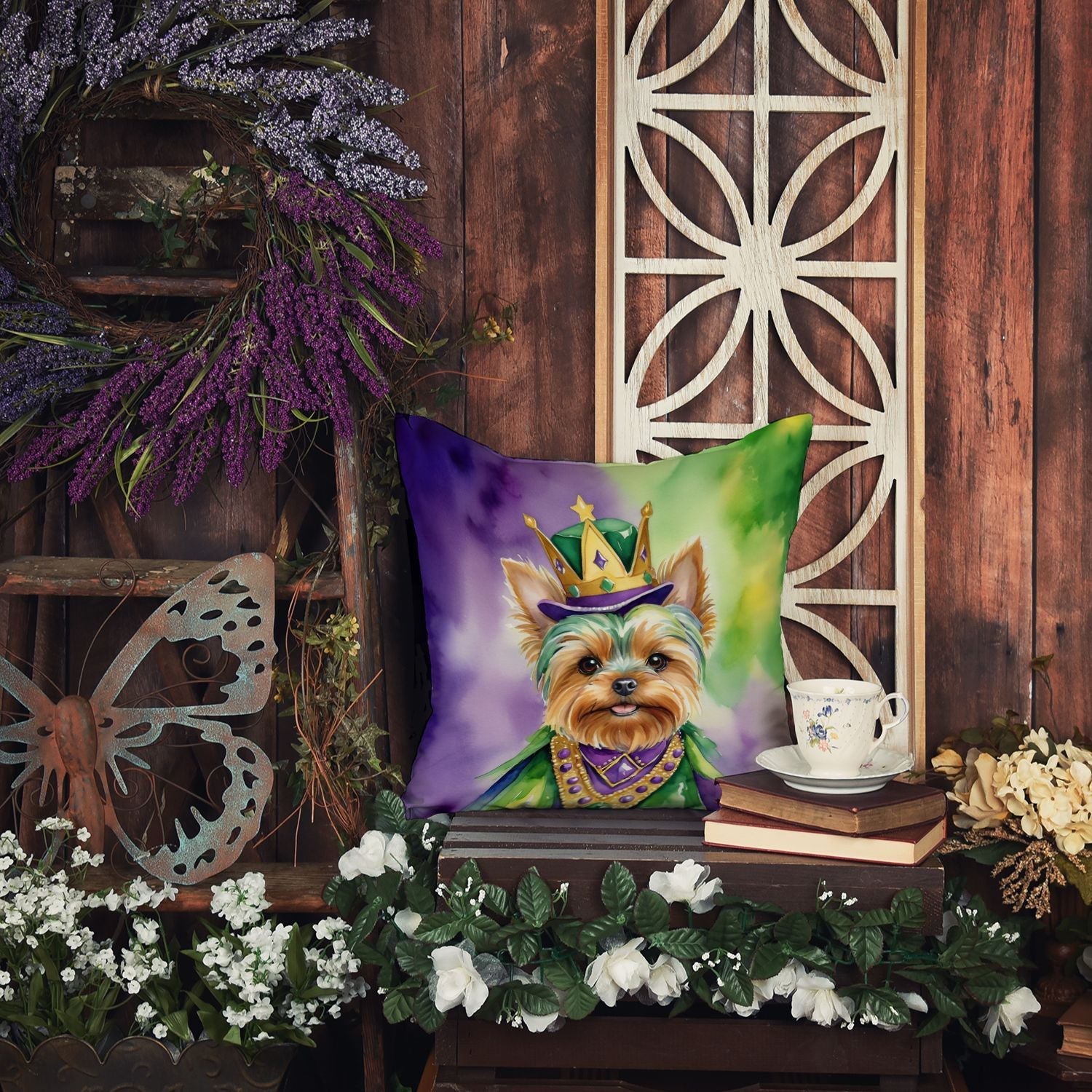 Yorkshire Terrier King of Mardi Gras Throw Pillow Machine Washable, Indoor Outdoor Decorative Pillow for Couch, Bed or Patio, 18Hx18W - 7DAY'S