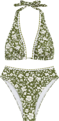 ZAFUL Brazilian Bikini Tops for Women High Cut Bathing Suit for Women 2 Piece Bikini Boho Swimsuit for Women 2024 Trendy M Army Green - 7DAY'S