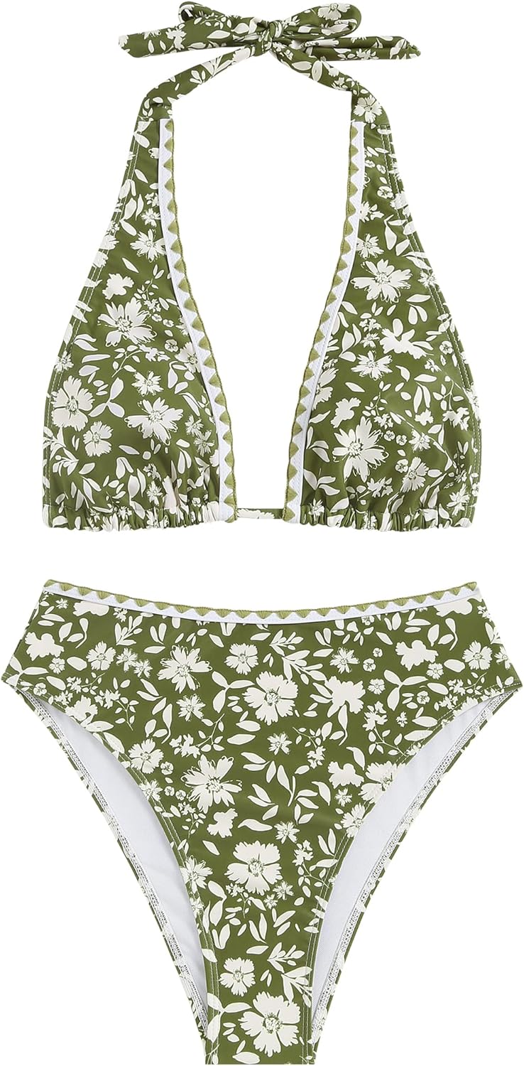 ZAFUL Brazilian Bikini Tops for Women High Cut Bathing Suit for Women 2 Piece Bikini Boho Swimsuit for Women 2024 Trendy M Army Green - 7DAY'S