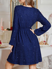 ZAFUL Elegant Fall Wedding Guest Dresses for Women Sparkly Glitter Mini Semi Formal Long Sleeve Cocktail Work Birthday Date Night Winter High Waist Dress 2025 Navy Blue Medium - 7DAY'S