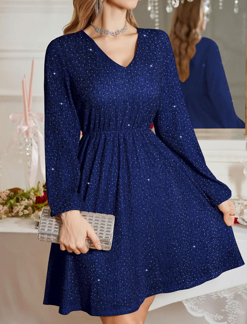 ZAFUL Elegant Fall Wedding Guest Dresses for Women Sparkly Glitter Mini Semi Formal Long Sleeve Cocktail Work Birthday Date Night Winter High Waist Dress 2025 Navy Blue Medium - 7DAY'S
