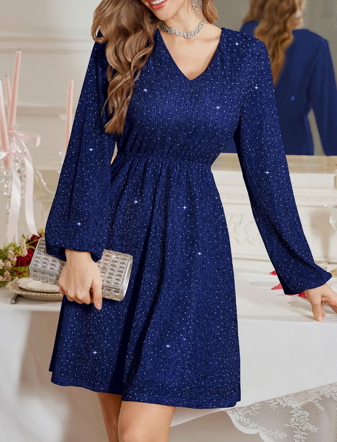 ZAFUL Elegant Fall Wedding Guest Dresses for Women Sparkly Glitter Mini Semi Formal Long Sleeve Cocktail Work Birthday Date Night Winter High Waist Dress 2025 Navy Blue Medium - 7DAY'S