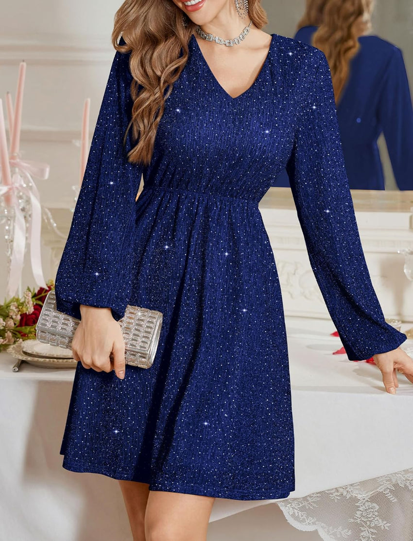 ZAFUL Elegant Fall Wedding Guest Dresses for Women Sparkly Glitter Mini Semi Formal Long Sleeve Cocktail Work Birthday Date Night Winter High Waist Dress 2025 Navy Blue Medium - 7DAY'S