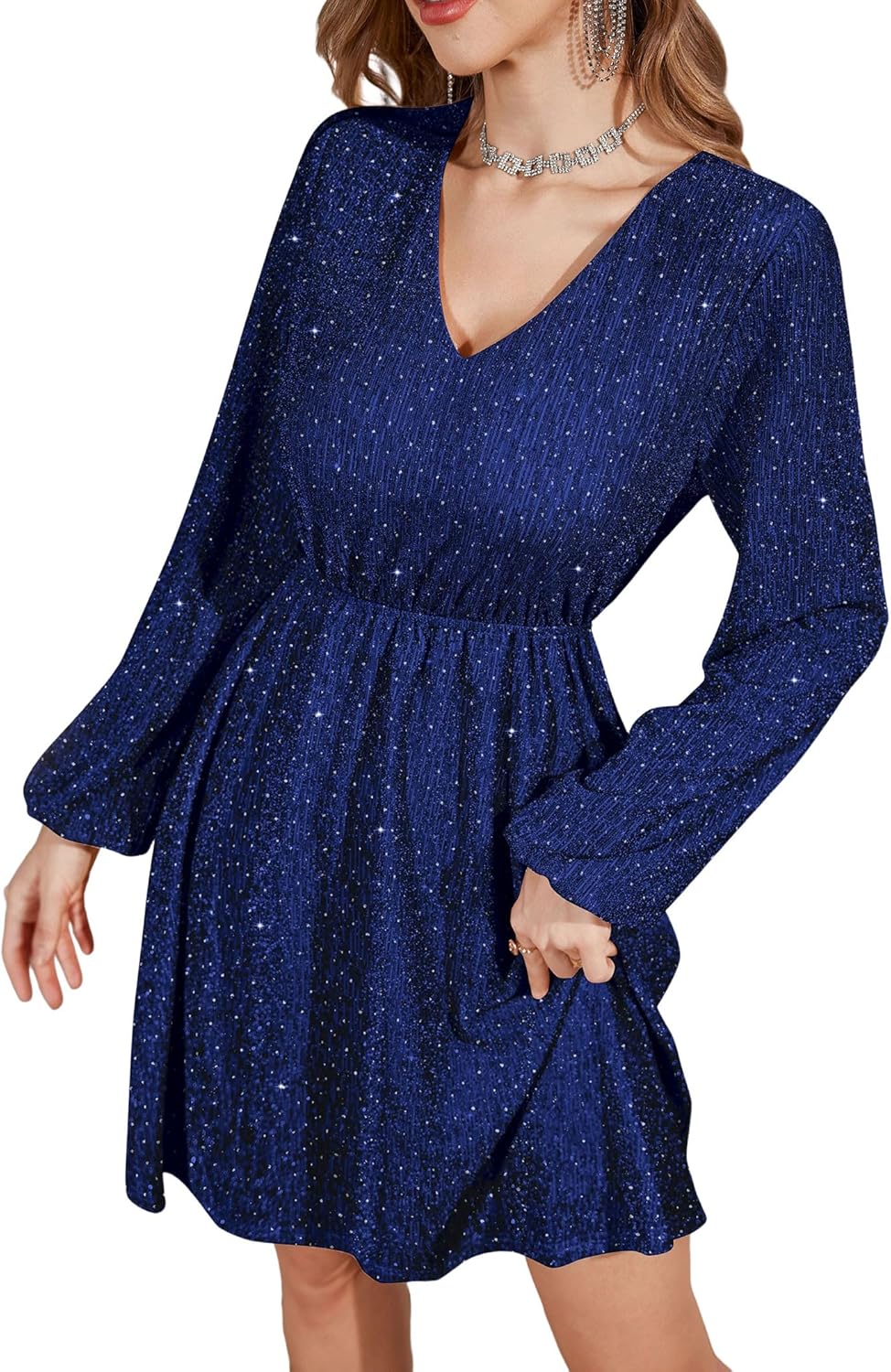 ZAFUL Elegant Fall Wedding Guest Dresses for Women Sparkly Glitter Mini Semi Formal Long Sleeve Cocktail Work Birthday Date Night Winter High Waist Dress 2025 Navy Blue Medium - 7DAY'S
