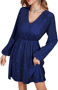ZAFUL Elegant Fall Wedding Guest Dresses for Women Sparkly Glitter Mini Semi Formal Long Sleeve Cocktail Work Birthday Date Night Winter High Waist Dress 2025 Navy Blue Medium - 7DAY'S