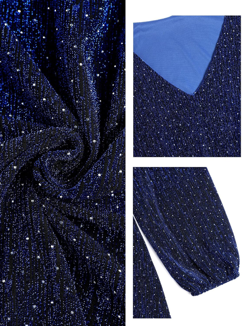 ZAFUL Elegant Fall Wedding Guest Dresses for Women Sparkly Glitter Mini Semi Formal Long Sleeve Cocktail Work Birthday Date Night Winter High Waist Dress 2025 Navy Blue Medium - 7DAY'S