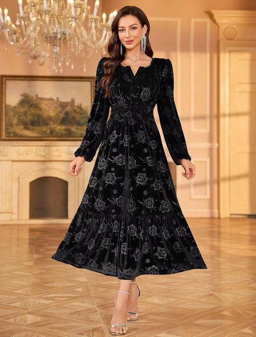 ZAFUL Fall Wedding Guest Dresses for Women Velvet Maxi Dress Long Sleeve V Neck Formal Cocktail Party Dresses Black M - 7DAY'S