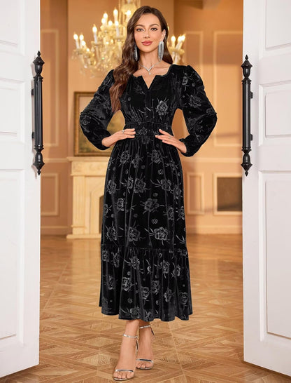 ZAFUL Fall Wedding Guest Dresses for Women Velvet Maxi Dress Long Sleeve V Neck Formal Cocktail Party Dresses Black M - 7DAY'S