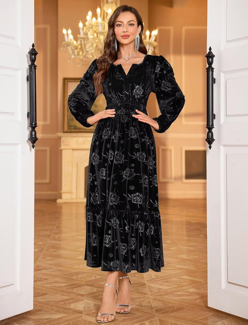 ZAFUL Fall Wedding Guest Dresses for Women Velvet Maxi Dress Long Sleeve V Neck Formal Cocktail Party Dresses Black M - 7DAY'S