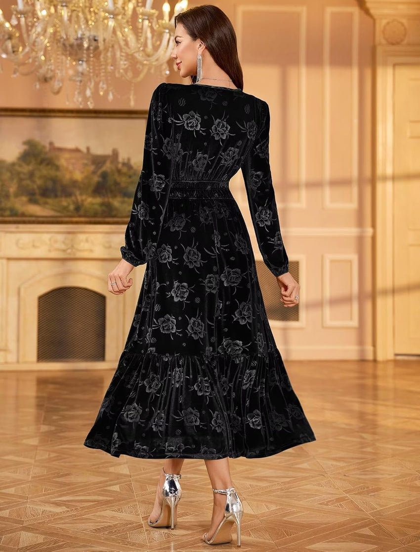 ZAFUL Fall Wedding Guest Dresses for Women Velvet Maxi Dress Long Sleeve V Neck Formal Cocktail Party Dresses Black M - 7DAY'S