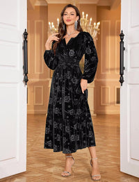 ZAFUL Fall Wedding Guest Dresses for Women Velvet Maxi Dress Long Sleeve V Neck Formal Cocktail Party Dresses Black M - 7DAY'S