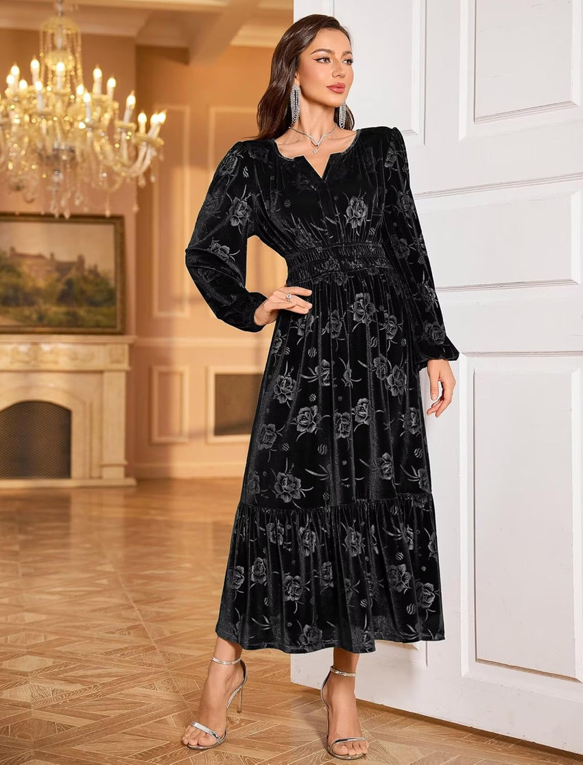 ZAFUL Fall Wedding Guest Dresses for Women Velvet Maxi Dress Long Sleeve V Neck Formal Cocktail Party Dresses Black M - 7DAY'S