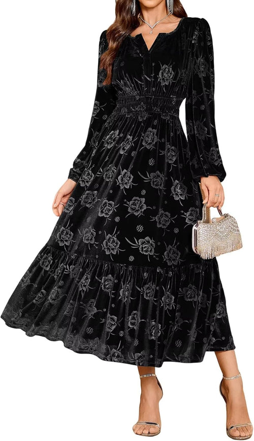 ZAFUL Fall Wedding Guest Dresses for Women Velvet Maxi Dress Long Sleeve V Neck Formal Cocktail Party Dresses Black M