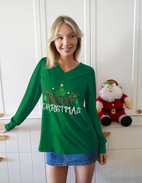 ZAFUL Holiday Long Sleeve Christmas Shirts For Women 2024 Graphic Tees Green Tunic Tops Christmas Fall V Neck Dressy Tops For Women XXL - 7DAY'S