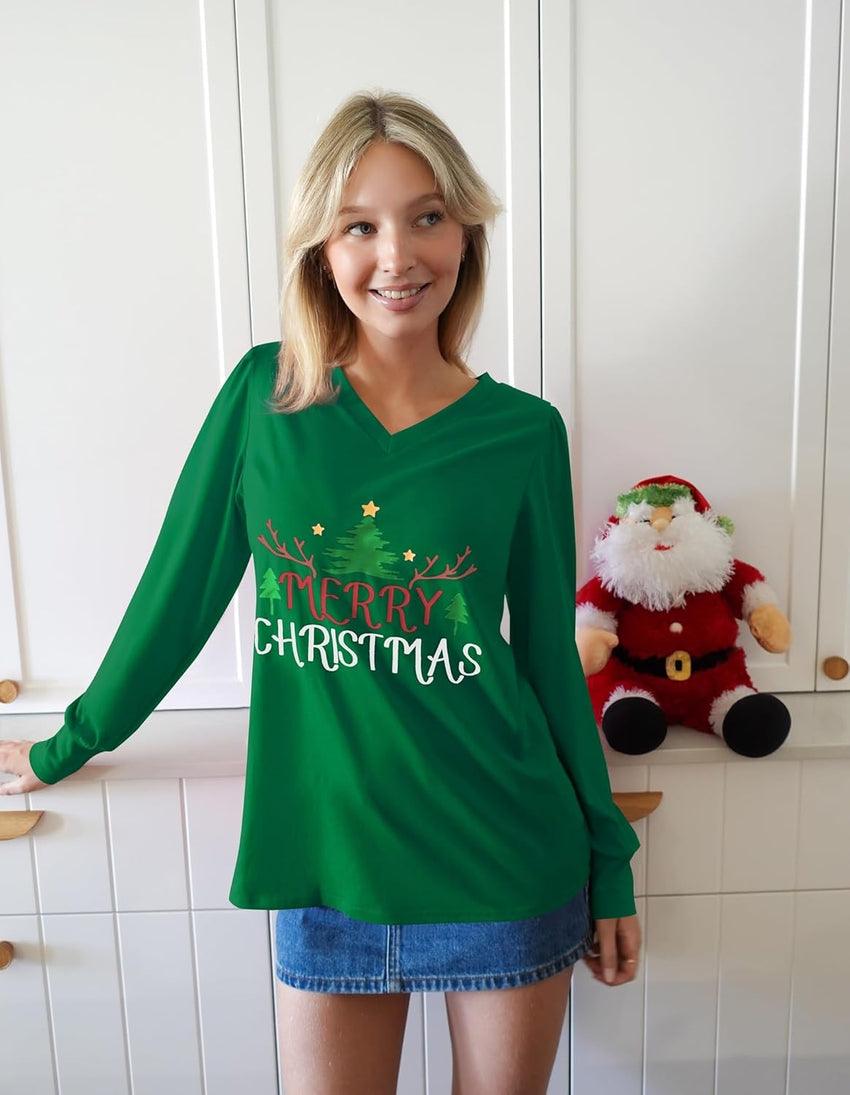 ZAFUL Holiday Long Sleeve Christmas Shirts For Women 2024 Graphic Tees Green Tunic Tops Christmas Fall V Neck Dressy Tops For Women XXL - 7DAY'S