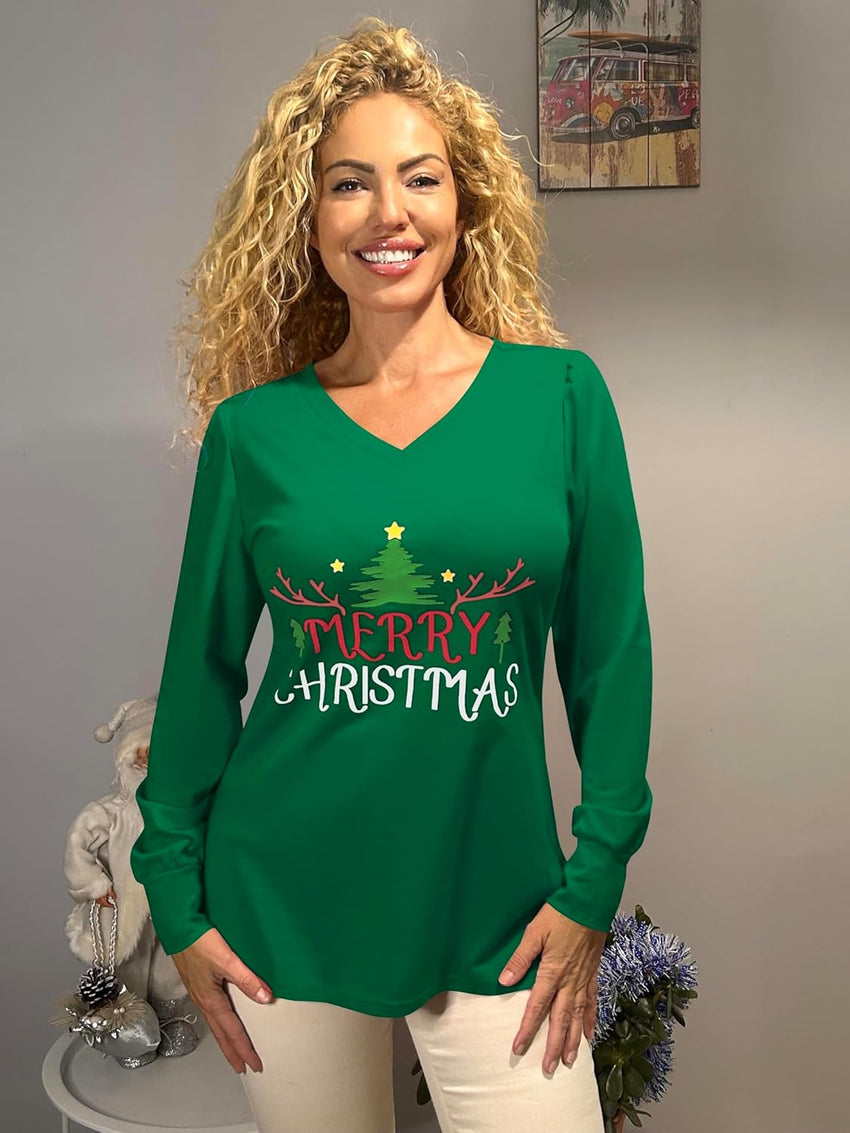 ZAFUL Holiday Long Sleeve Christmas Shirts For Women 2024 Graphic Tees Green Tunic Tops Christmas Fall V Neck Dressy Tops For Women XXL - 7DAY'S