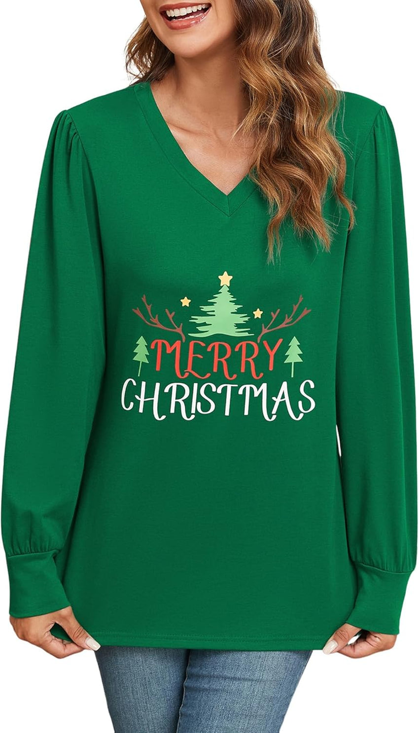 ZAFUL Holiday Long Sleeve Christmas Shirts For Women 2024 Graphic Tees Green Tunic Tops Christmas Fall V Neck Dressy Tops For Women XXL - 7DAY'S