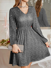 ZAFUL Holiday Long Sleeve Cocktail Dresses for Women 2025 Sexy Sequin Glitter Fall Short Casual V Neck Cocktail Party Club Prom Mini Dresses That Hides Belly Fat Silver X - Large - 7DAY'S