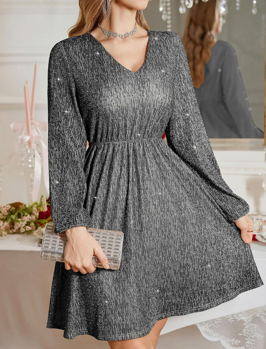 ZAFUL Holiday Long Sleeve Cocktail Dresses for Women 2025 Sexy Sequin Glitter Fall Short Casual V Neck Cocktail Party Club Prom Mini Dresses That Hides Belly Fat Silver X - Large - 7DAY'S