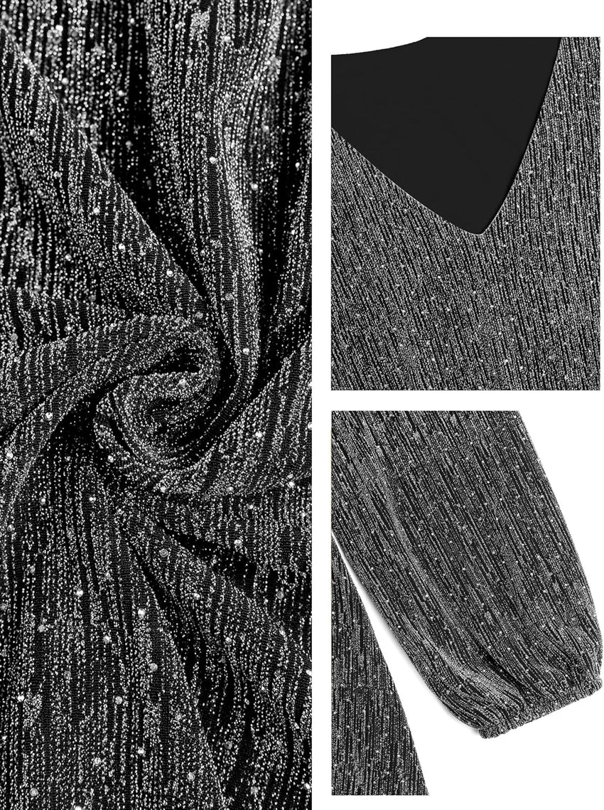 ZAFUL Holiday Long Sleeve Cocktail Dresses for Women 2025 Sexy Sequin Glitter Fall Short Casual V Neck Cocktail Party Club Prom Mini Dresses That Hides Belly Fat Silver X - Large - 7DAY'S