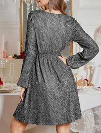 ZAFUL Holiday Long Sleeve Cocktail Dresses for Women 2025 Sexy Sequin Glitter Fall Short Casual V Neck Cocktail Party Club Prom Mini Dresses That Hides Belly Fat Silver X - Large - 7DAY'S