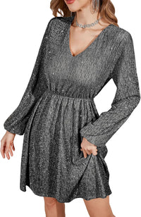 ZAFUL Holiday Long Sleeve Cocktail Dresses for Women 2025 Sexy Sequin Glitter Fall Short Casual V Neck Cocktail Party Club Prom Mini Dresses That Hides Belly Fat Silver X - Large - 7DAY'S