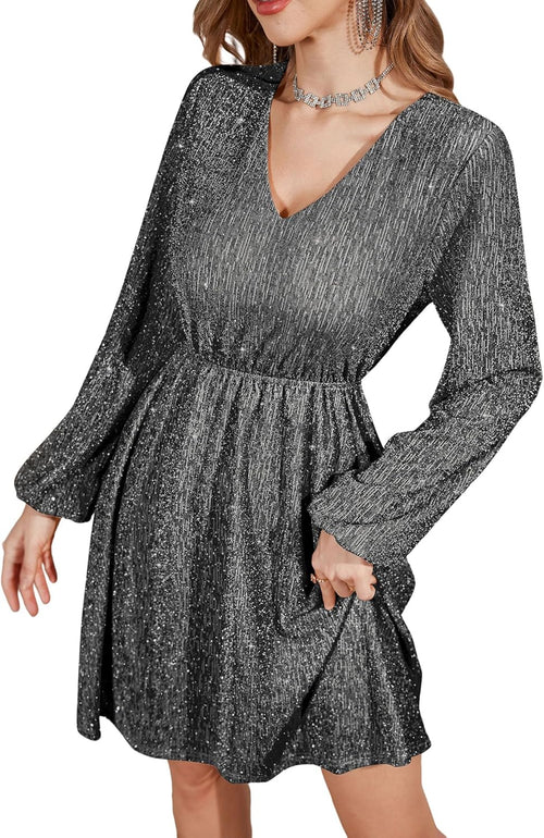 ZAFUL Holiday Long Sleeve Cocktail Dresses for Women 2025 Sexy Sequin Glitter Fall Short Casual V Neck Cocktail Party Club Prom Mini Dresses That Hides Belly Fat Silver X-Large