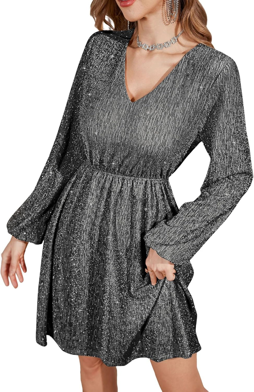 ZAFUL Holiday Long Sleeve Cocktail Dresses for Women 2025 Sexy Sequin Glitter Fall Short Casual V Neck Cocktail Party Club Prom Mini Dresses That Hides Belly Fat Silver X - Large - 7DAY'S