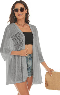 ZAFUL Kimonos for Women 3/4 Sleeve Loose Kimono Cardigan Open Front Beach Cover Up Grey L - 7DAY'S