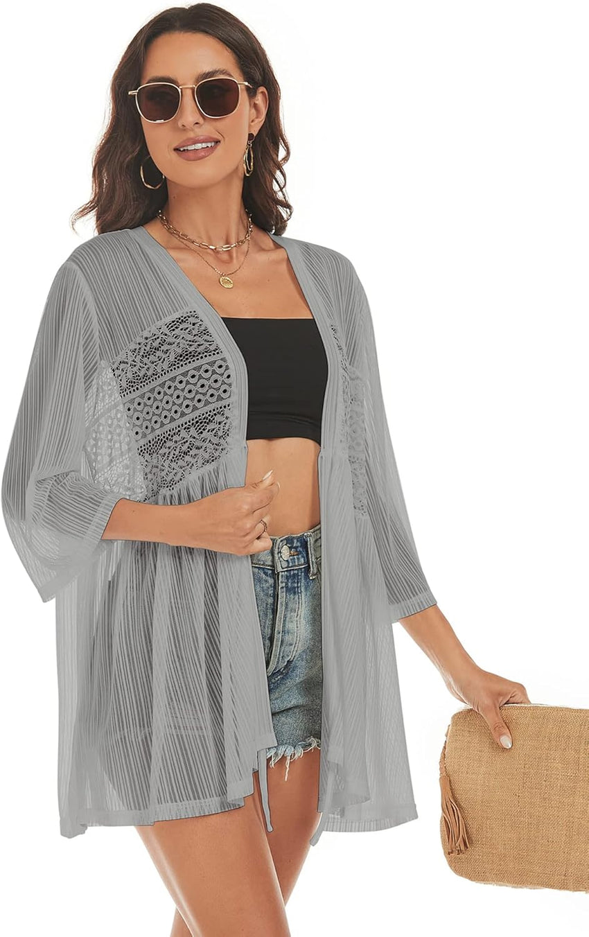 ZAFUL Kimonos for Women 3/4 Sleeve Loose Kimono Cardigan Open Front Beach Cover Up Grey L - 7DAY'S