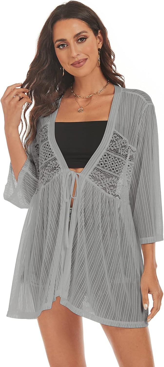 ZAFUL Kimonos for Women 3/4 Sleeve Loose Kimono Cardigan Open Front Beach Cover Up Grey L - 7DAY'S
