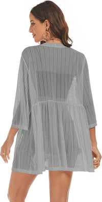 ZAFUL Kimonos for Women 3/4 Sleeve Loose Kimono Cardigan Open Front Beach Cover Up Grey L - 7DAY'S
