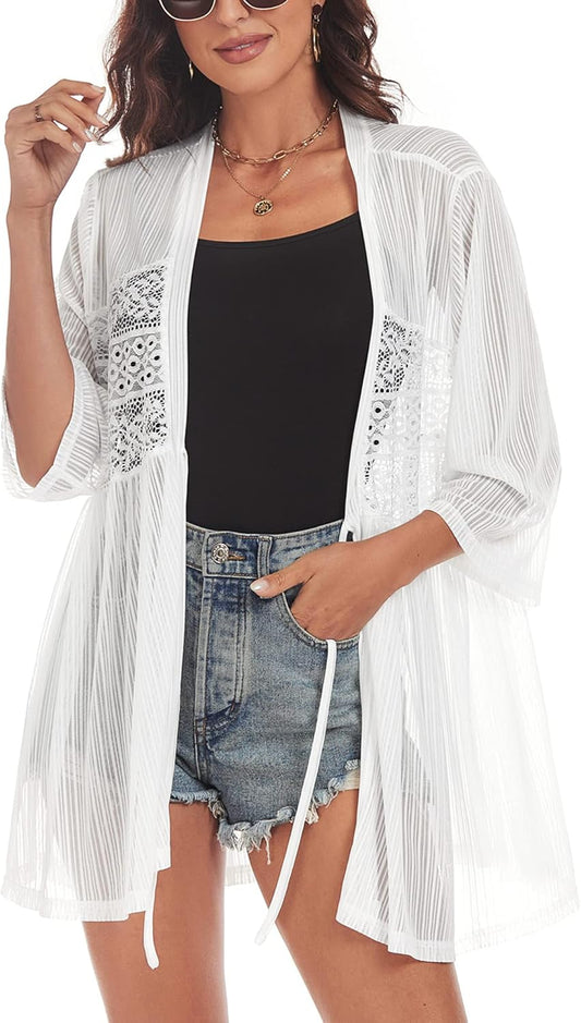 ZAFUL Kimonos for Women 3/4 Sleeve Loose Kimono Cardigan Open Front Beach Cover Up White S - 7DAY'S