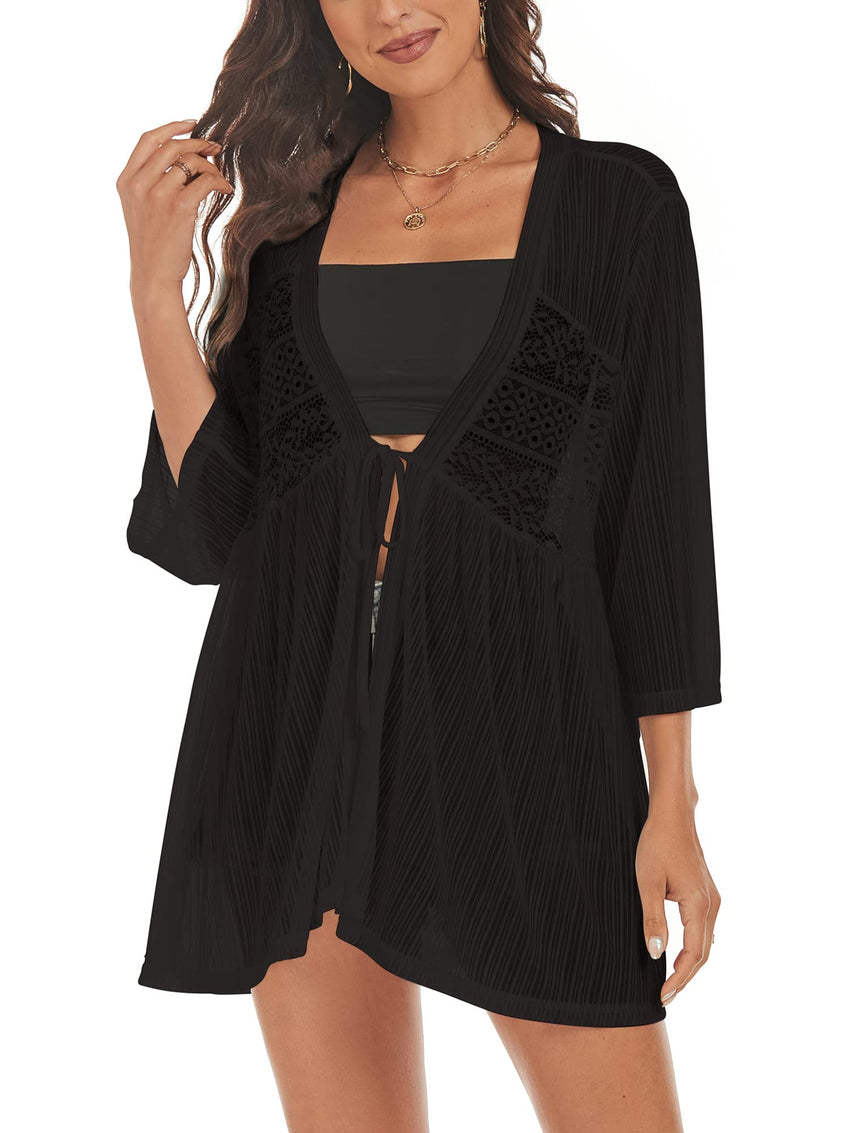 ZAFUL Lightweight Summer Cardigan for Women 3/4 Sleeve Bikini Cover Ups Strechy Crochet Knit Kimonos - 7DAY'S