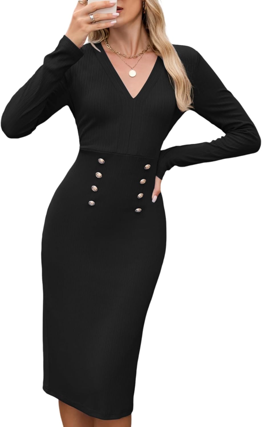 ZAFUL Long Sleeve Bodycon Dress for Women Casual V Neck High Waist Sheath Dress Elegant Lightweight Semiformal Pencil Dresses(Black, M) - 7DAY'S
