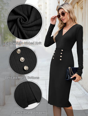 ZAFUL Long Sleeve Bodycon Dress for Women Casual V Neck High Waist Sheath Dress Elegant Lightweight Semiformal Pencil Dresses(Black, M) - 7DAY'S