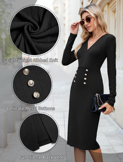 ZAFUL Long Sleeve Bodycon Dress for Women Casual V Neck High Waist Sheath Dress Elegant Lightweight Semiformal Pencil Dresses(Black, M) - 7DAY'S