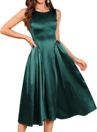 ZAFUL Satin Formal Dress for Women Sleeveless A Line Flowy Wedding Guest Dress Boat Neck Prom Cocktail Party Midi Dresses - 7DAY'S