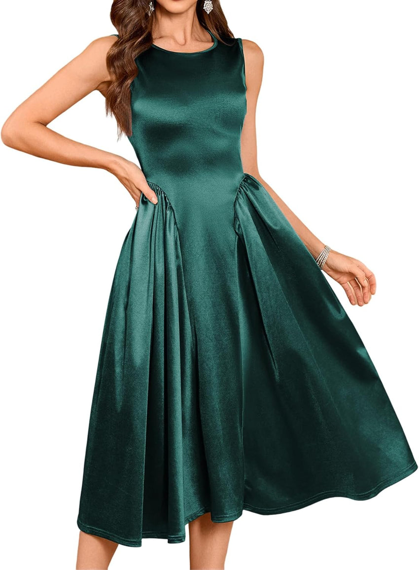 ZAFUL Satin Formal Dress for Women Sleeveless A Line Flowy Wedding Guest Dress Boat Neck Prom Cocktail Party Midi Dresses - 7DAY'S